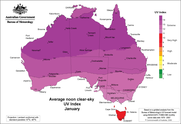 Image: January's average UV index for noon and under clear-sky conditions—all of Australia is ‘Very High’ or ‘Extreme’.